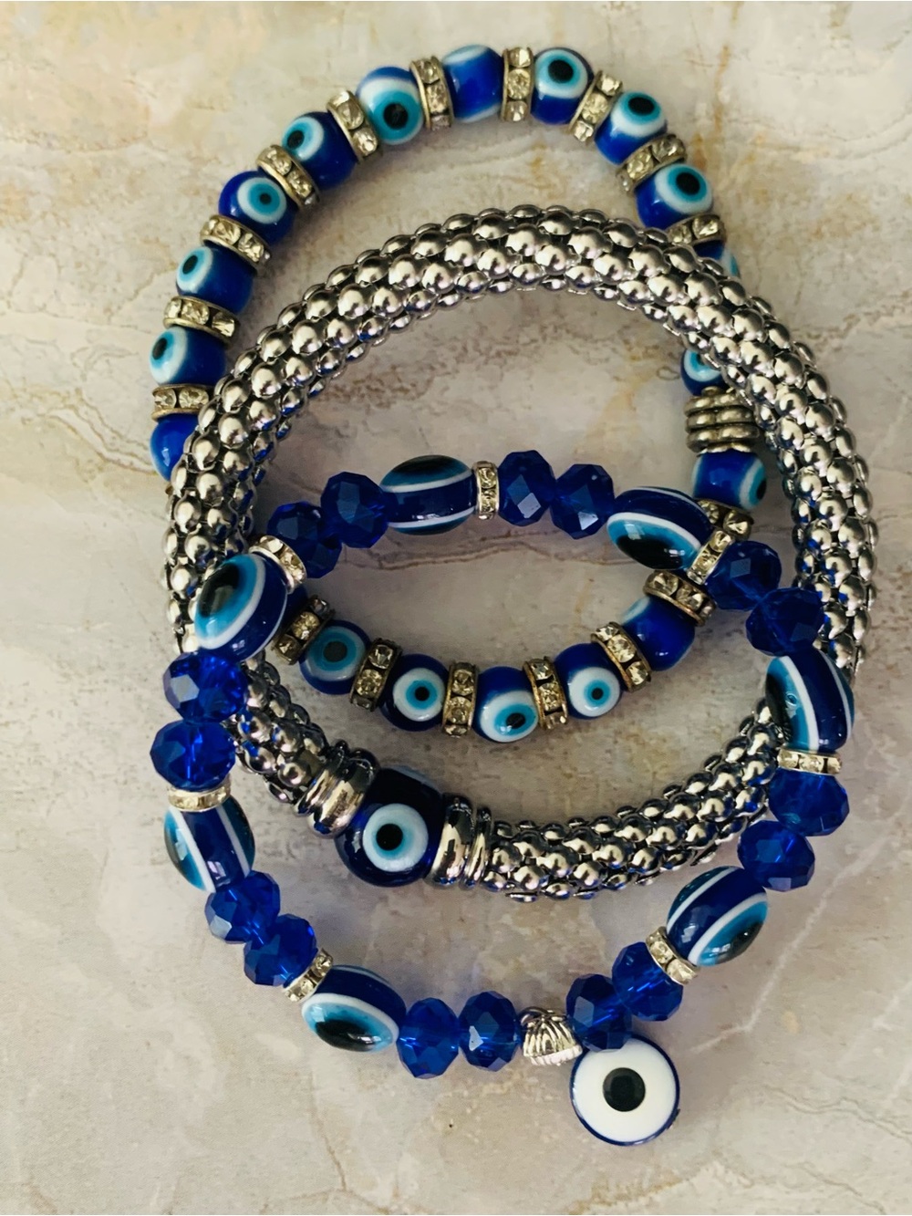 Evil Eye Blue Beaded Stretch Bracelet Set